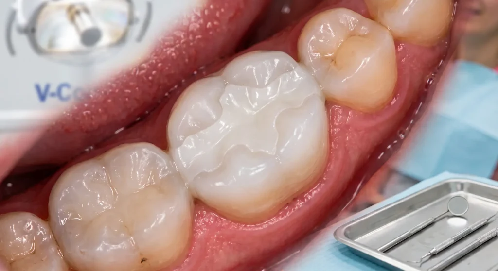 Calza dental blanca de resina para restaurar un diente