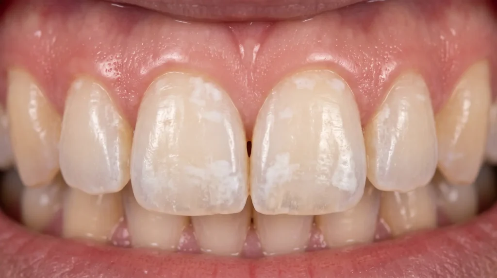 Manchas blancas en dientes causadas por descalcificación del esmalte