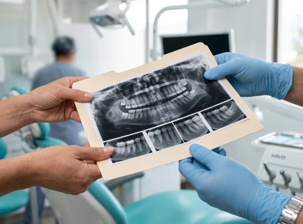 Entregar radiografías previas al odontólogo durante una consulta dental
