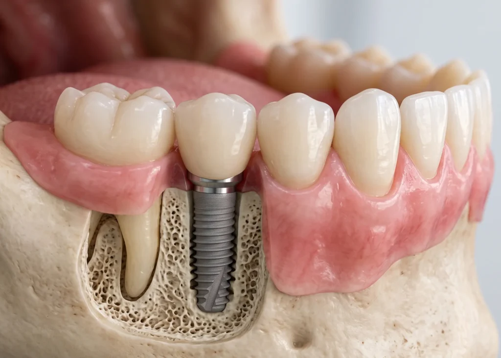 Implante dental de titanio colocado en el hueso maxilar